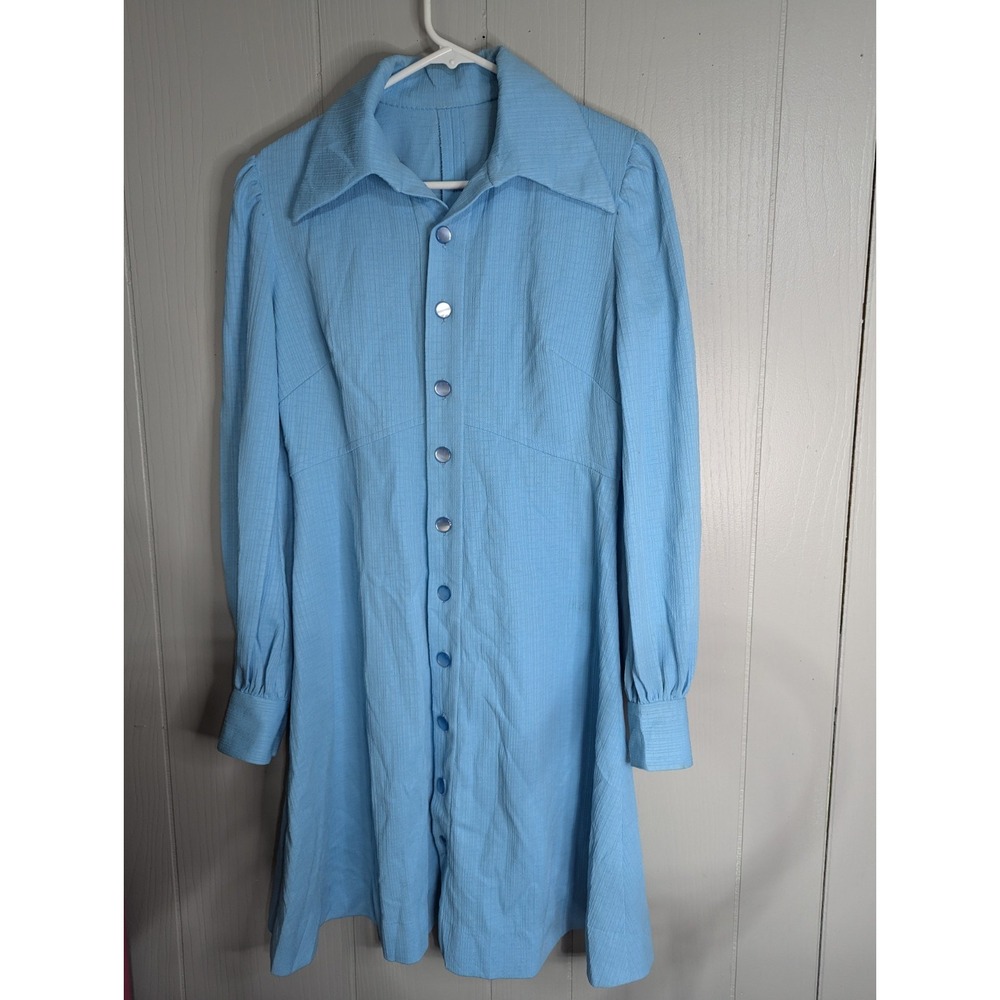 Vintage Womens Blue button front dress / jacket long sleeve pointed collar